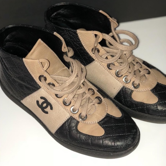 CHANEL Leather High Top Lace Up Sneaker Shoe - Picture 1 of 5